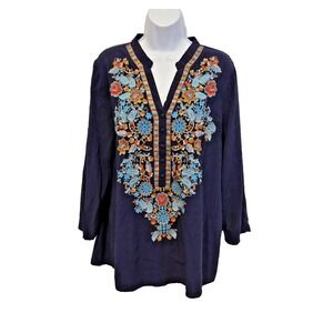 Solitaire Women's Tunic Blouse Blue w/ Heavy Embroidery Roll Tab Sleeves Size XL